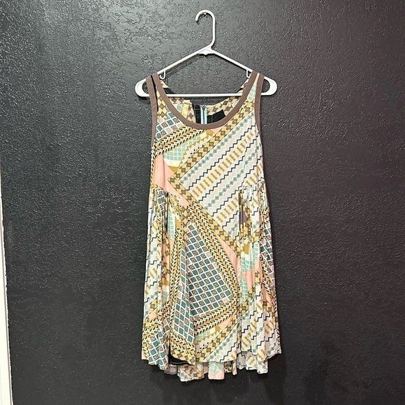 Uncle Frank Brown Yellow Teal Pattern Rayon Sleeveless Shift Dress, Mini, Small - Picture 1 of 7